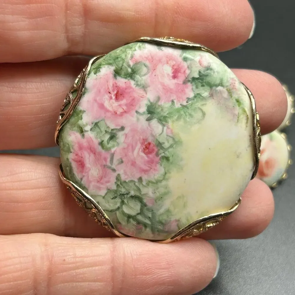 Vintage Victorian Hand painted porcelain brooch and earrings #647 Roses